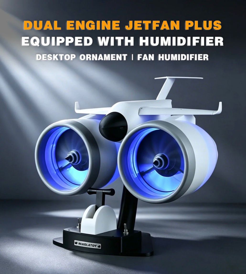 Nikolatoy Dual Engine JetFan Plus – Premium Desktop Aerodynamic Fan Equipped with Built-in Humidifier and LED Turbine Glow