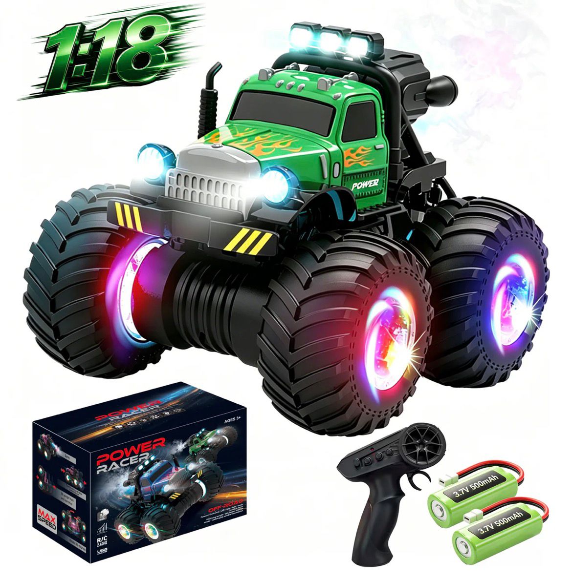 YL Power Racer 1:18 4x4 Off-Road RC Stunt Car – High-Speed Monster Truck with Continuously Variable Transmission, Simulated Exhaust Smoke, and RGB LED Wheel Lights